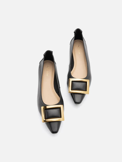 PAZZION, Gwyneth Brass Buckle Flats, Black