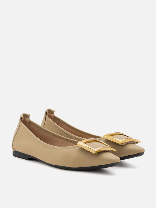 PAZZION, Gwyneth Brass Buckle Flats, Khaki