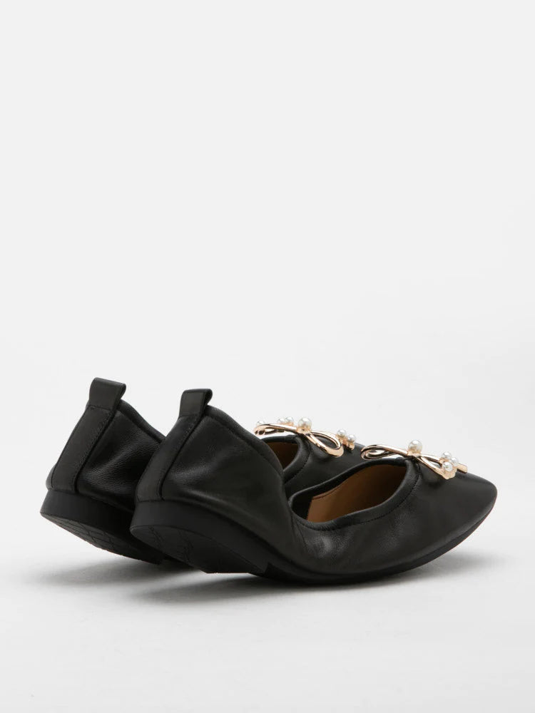 PAZZION, Hailey Foldable Square-Toe Bow Flats, Black