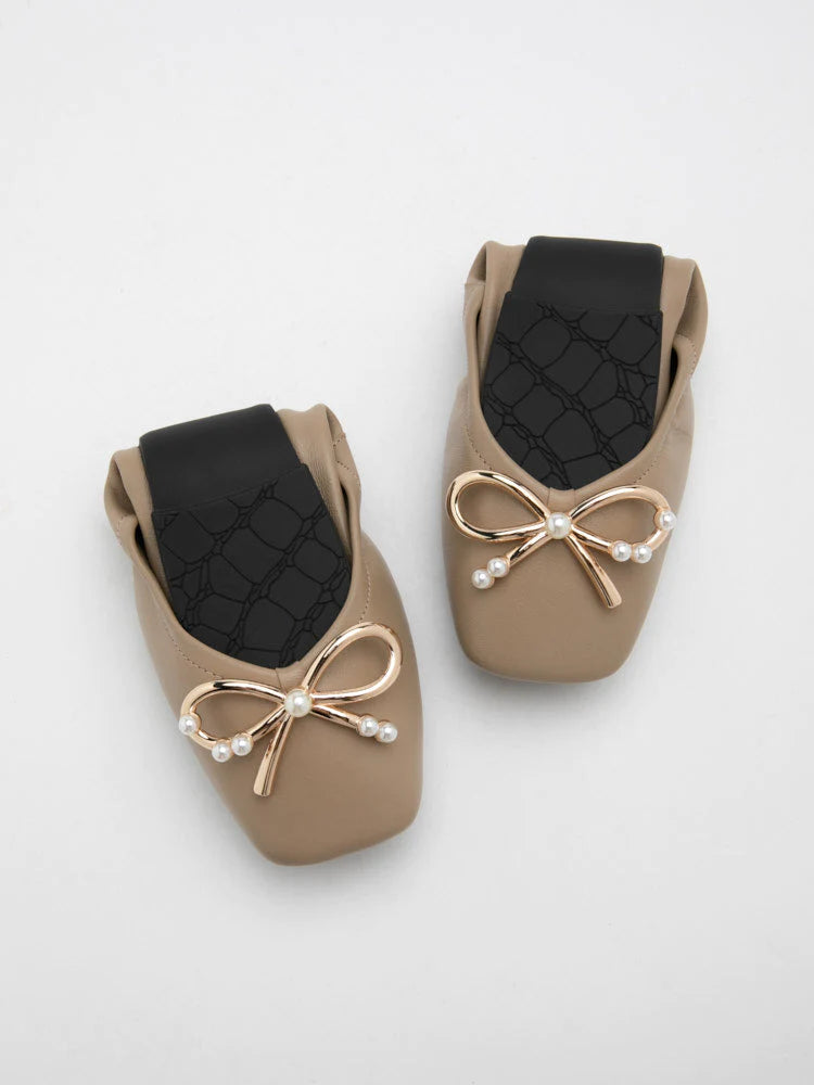 PAZZION, Hailey Foldable Square-Toe Bow Flats, Khaki