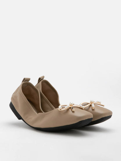 PAZZION, Hailey Foldable Square-Toe Bow Flats, Khaki