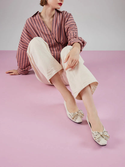 PAZZION, Halisse Diamante Bow Leather Flats, Beige