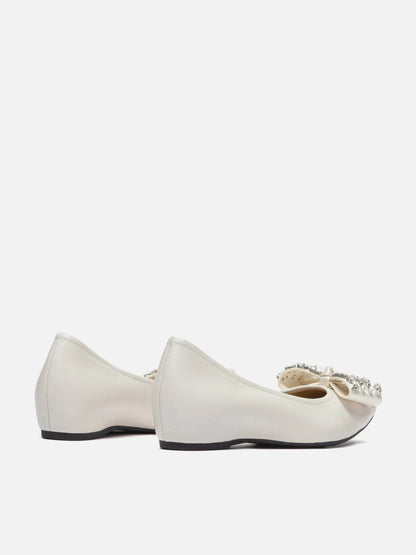 PAZZION, Halisse Diamante Bow Leather Flats, Beige