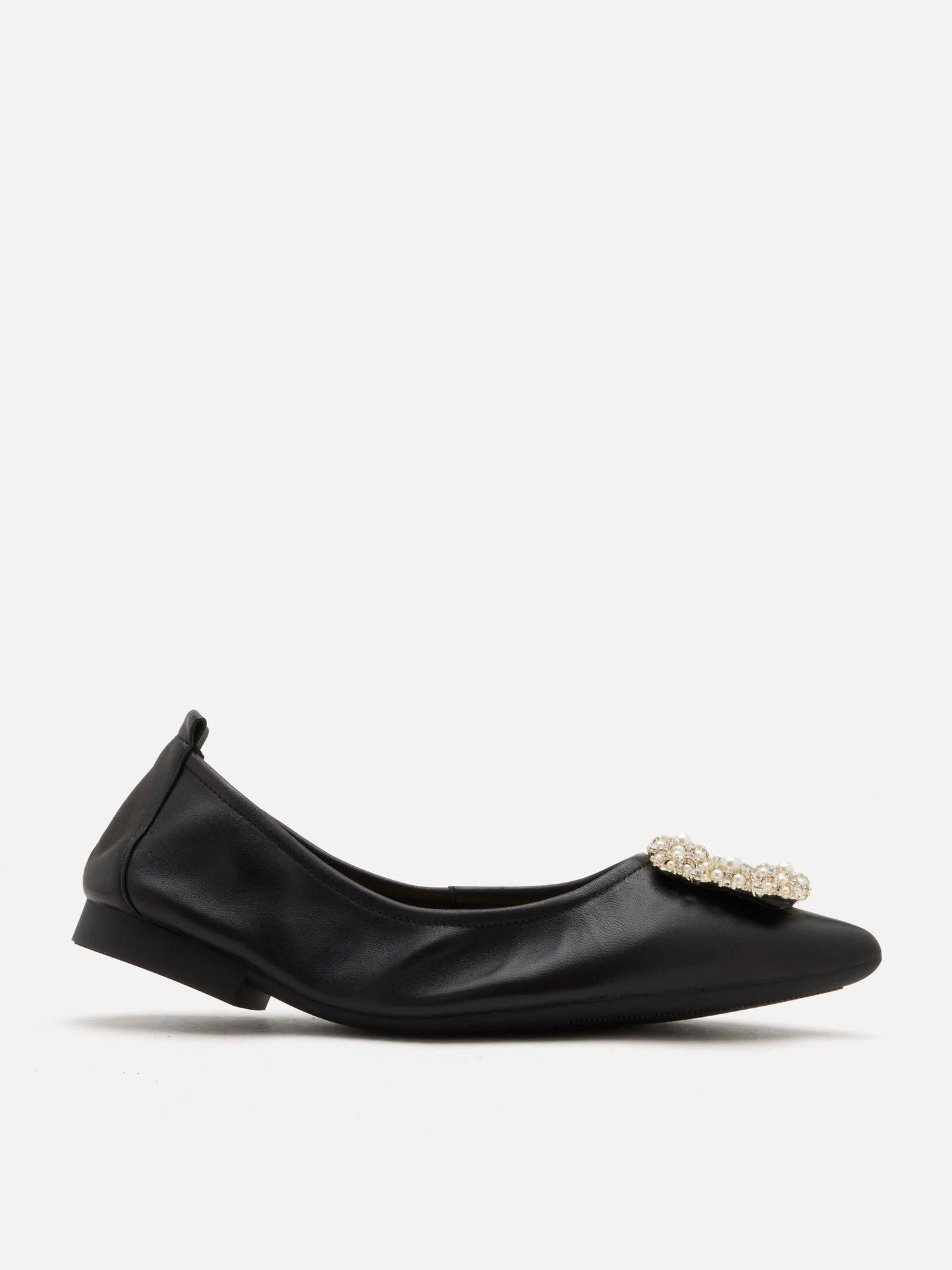 PAZZION, Harivelle Pearl Embellished Leather Foldable Flats, Black