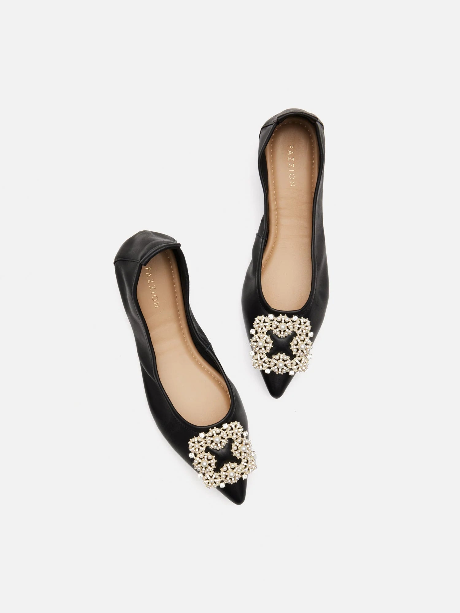PAZZION, Harivelle Pearl Embellished Leather Foldable Flats, Black