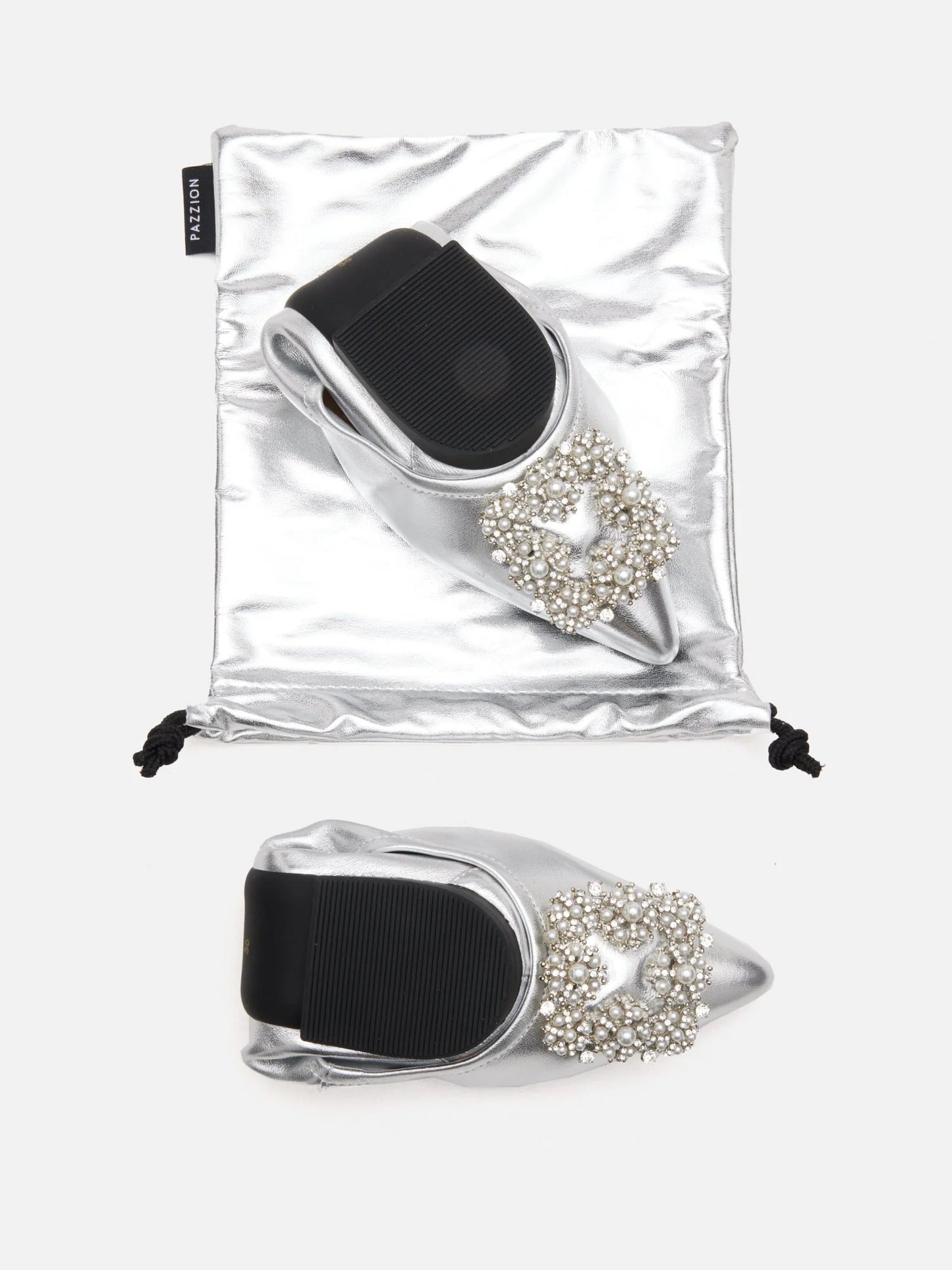 PAZZION, Harivelle Pearl Embellished Leather Foldable Flats, Silver