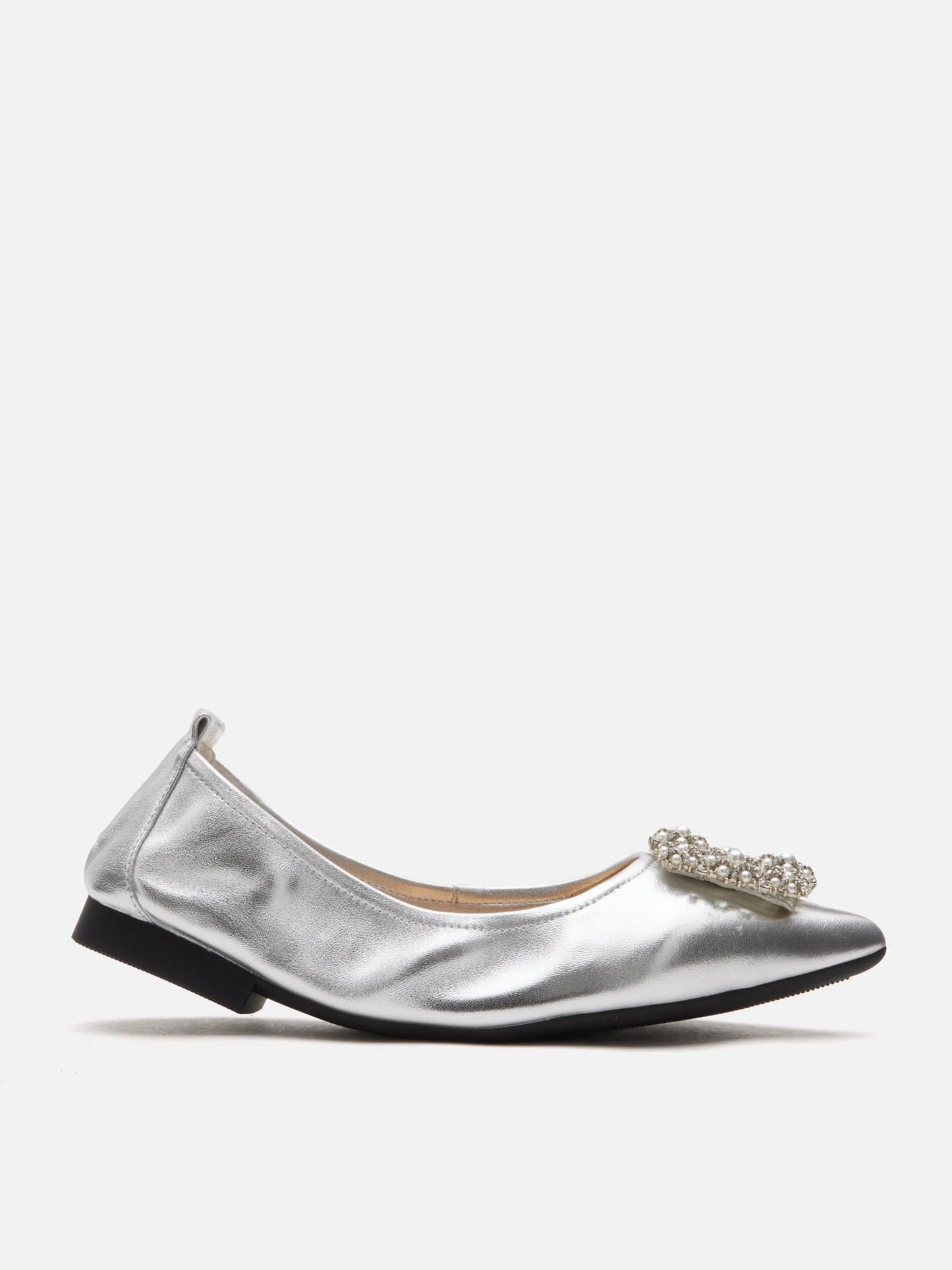 PAZZION, Harivelle Pearl Embellished Leather Foldable Flats, Silver