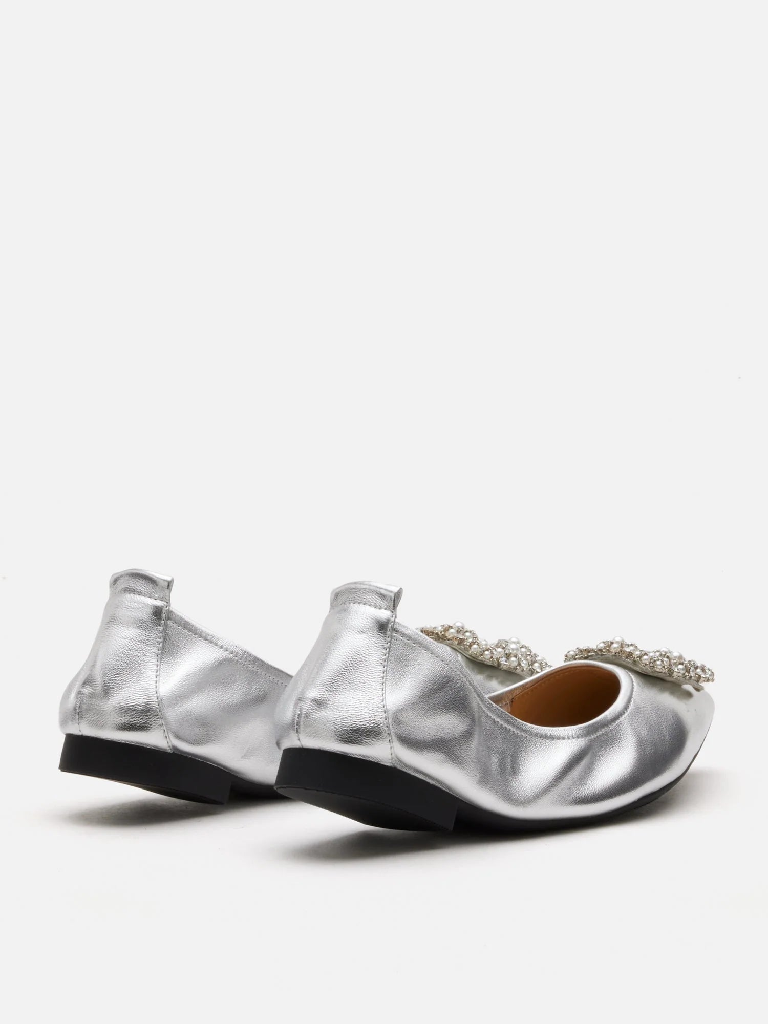 PAZZION, Harivelle Pearl Embellished Leather Foldable Flats, Silver