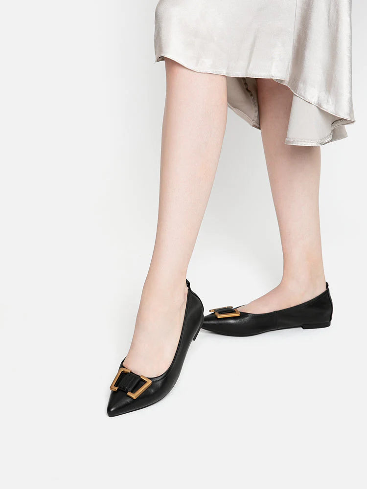 PAZZION, Harper Gold Buckled Pointed-Toe Flats, Black