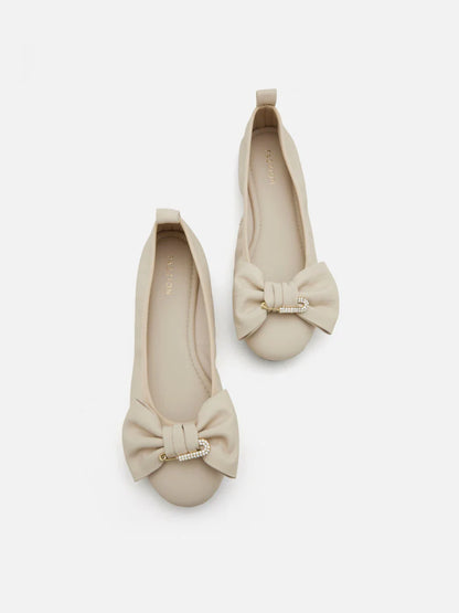 PAZZION, Hart Crystal Pin and Bow Ballerinas, Beige