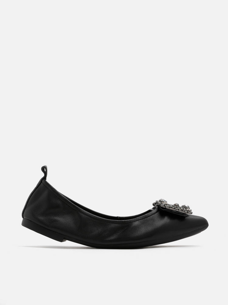 PAZZION, Helene Crystal Buckle Foldable Flats, Black