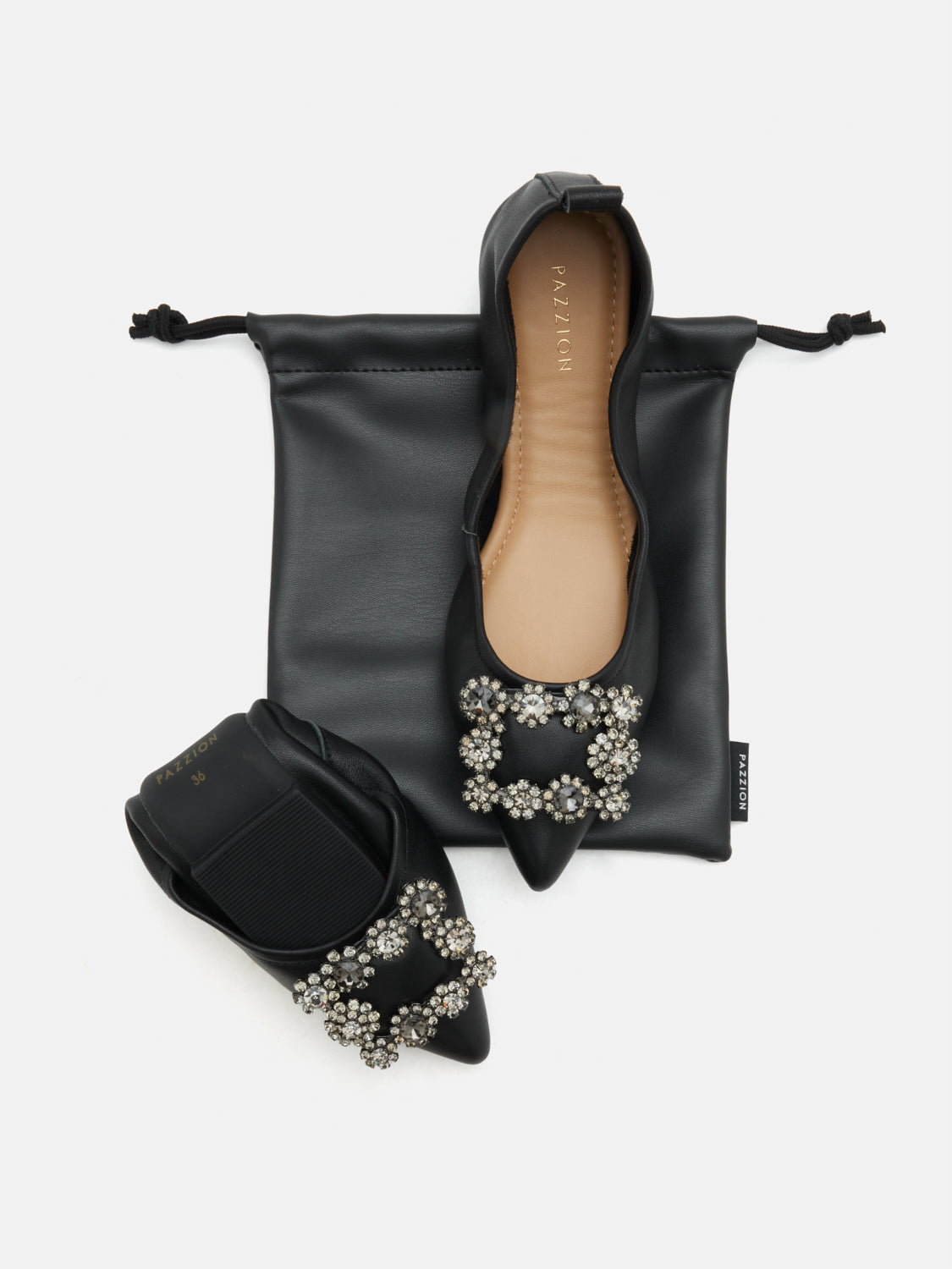PAZZION, Helene Crystal Buckle Foldable Flats, Black