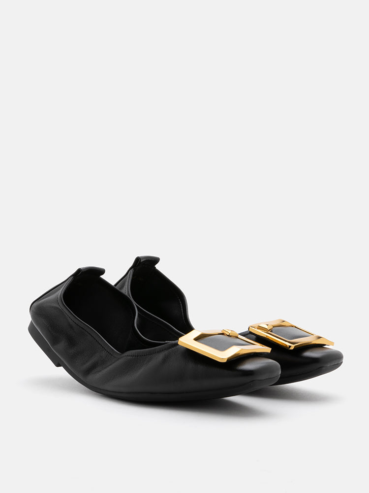 PAZZION, Huda Gold Buckle Foldable Flats, Black