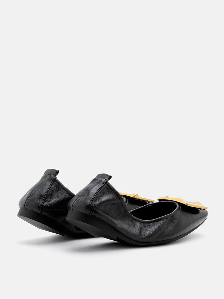 PAZZION, Huda Gold Buckle Foldable Flats, Black