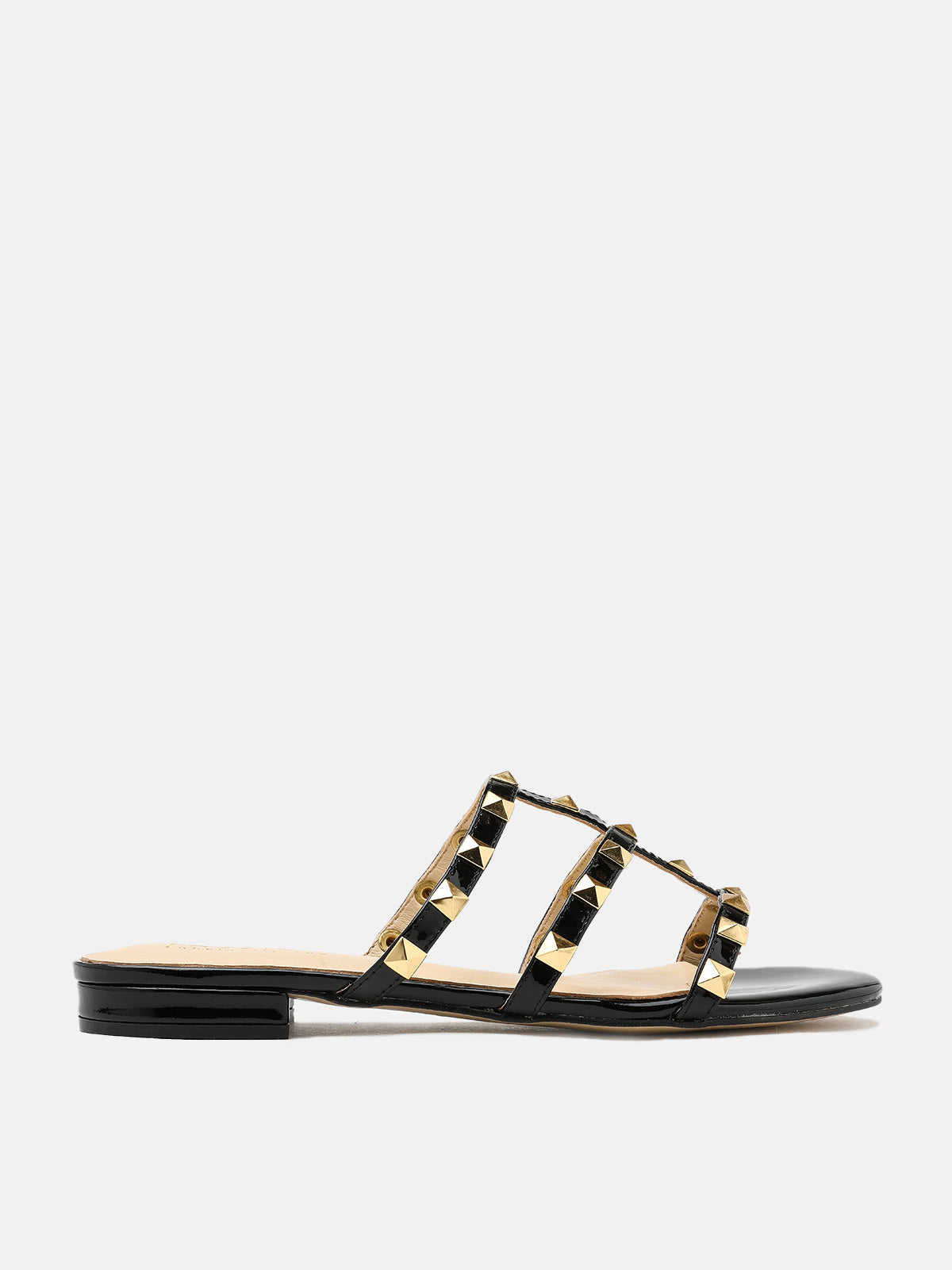 PAZZION, Ingrid Gold Studded Cage Patent Leather Slides, Black