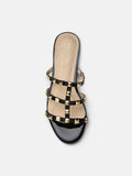 PAZZION, Ingrid Gold Studded Cage Patent Leather Slides, Black