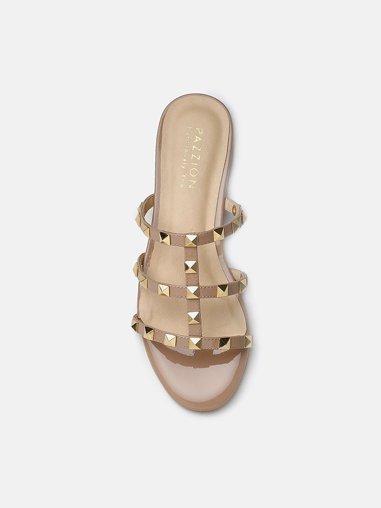 PAZZION, Ingrid Gold Studded Cage Patent Leather Slides, Gold