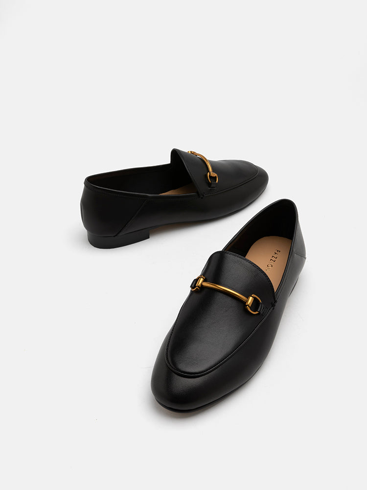 PAZZION, Isabeau Metal Buckle Loafers, Black