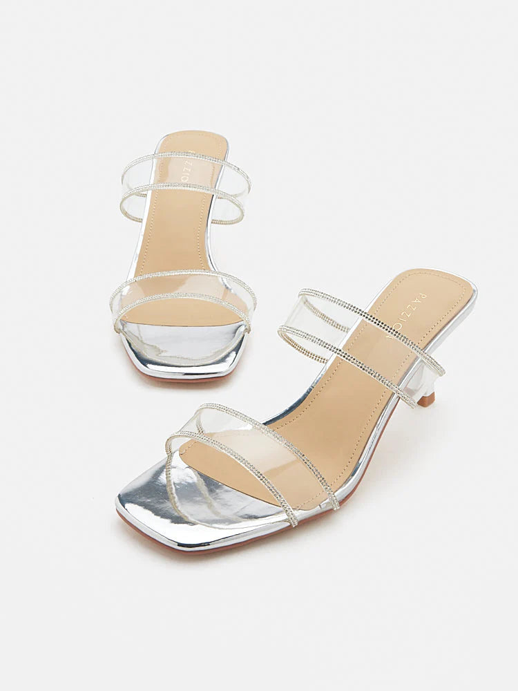 PAZZION, Isidora Crystal Embellished Strapped Heel Sandals, Silver