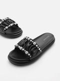 PAZZION, Ivanna Diamante Encrusted Ruched Slides, Black