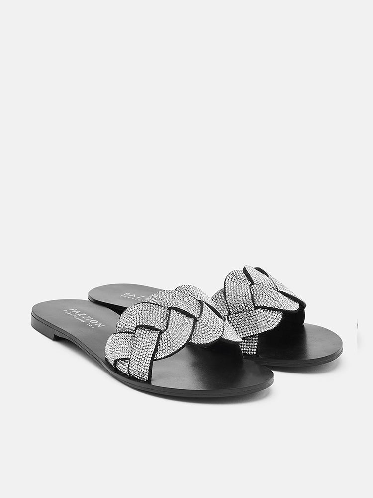 PAZZION, Jada Weaved Slide Sandals, Silver