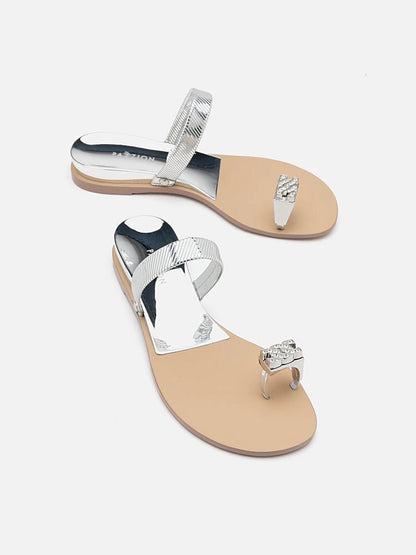 PAZZION, Jamila Silver Toe-Ring Slide Sandals, Silver