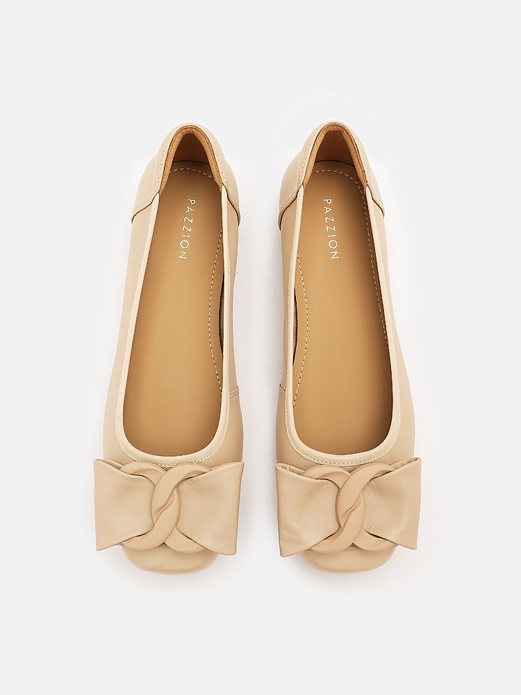 PAZZION, Jan Buckle Bow Square-Toe Flats, Almond