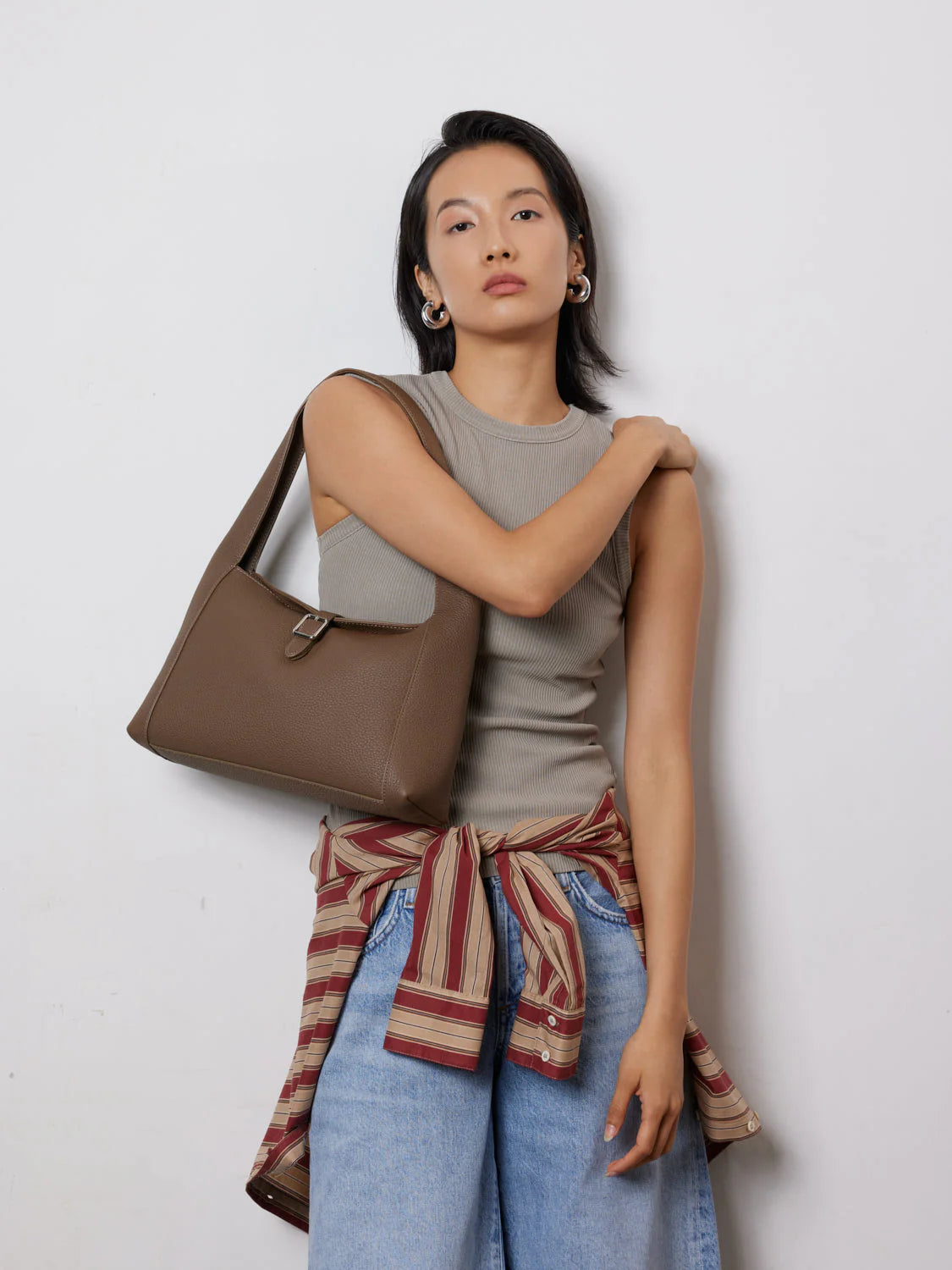 PAZZION, Jarelisse Clasp Buckle Leather Shoulder Bag, Khaki