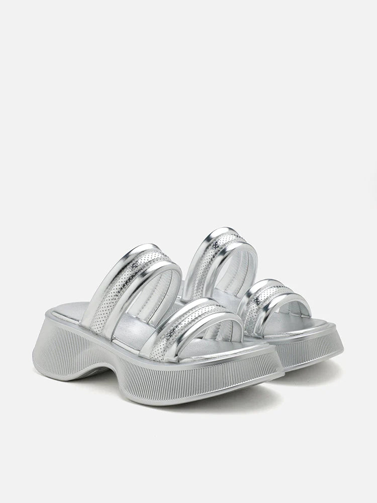 PAZZION, Jazlyn Metallic Chunky Flatform Sandals, Silver
