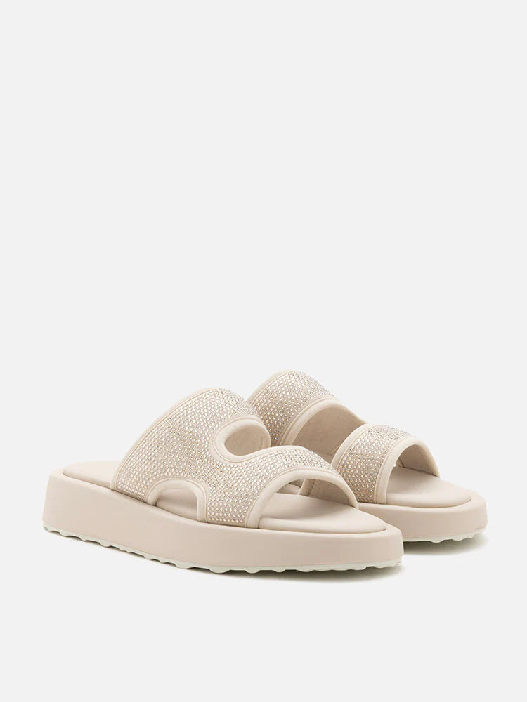 PAZZION, Jeannette Flyknit Crystal Night Slides, Beige