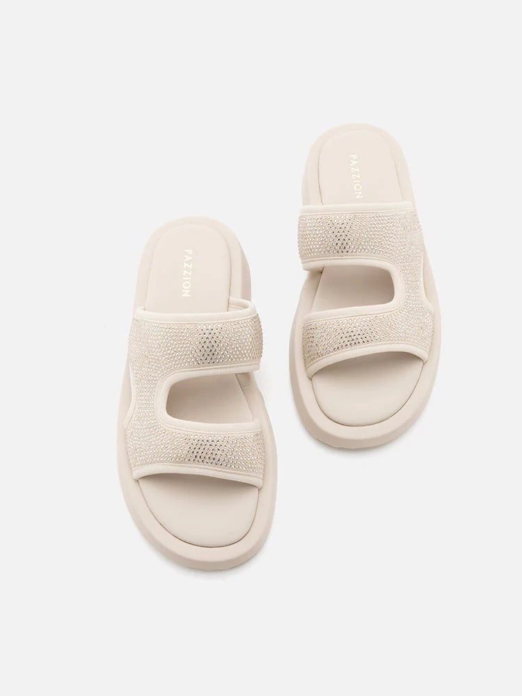 PAZZION, Jeannette Flyknit Crystal Night Slides, Beige