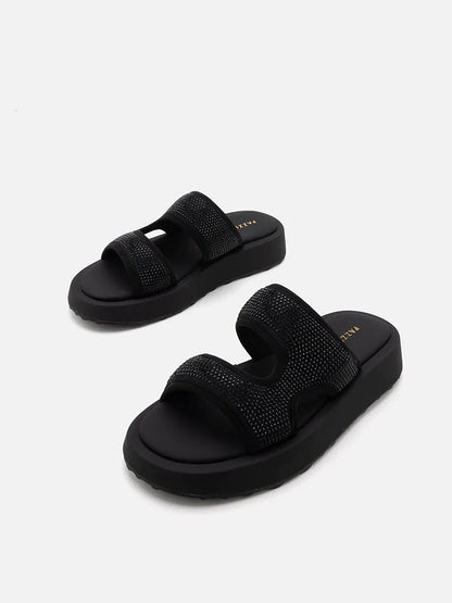 PAZZION, Jeannette Flyknit Crystal Night Slides, Black