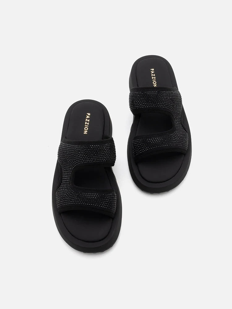 PAZZION, Jeannette Flyknit Crystal Night Slides, Black