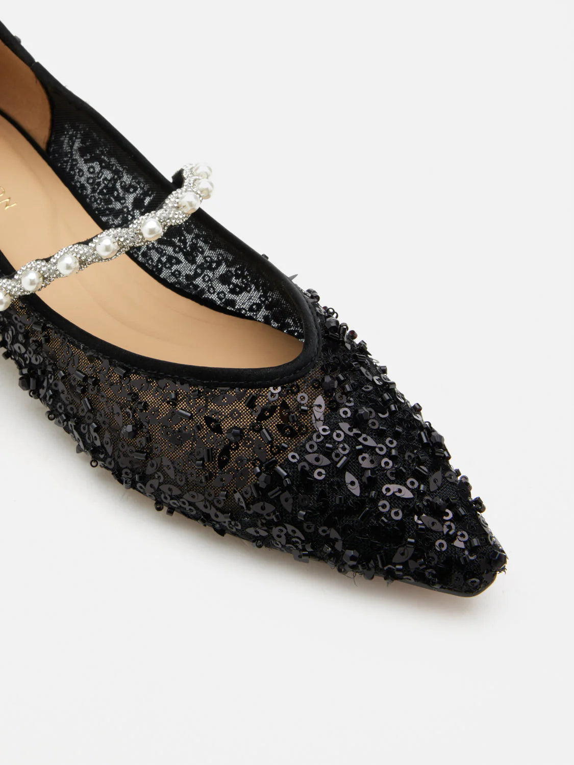 PAZZION, Jemima Embellished Mesh Pointed Toe Flats, Black