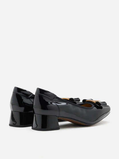 PAZZION, Jenn Metallic Bow Low Block Heels, Black