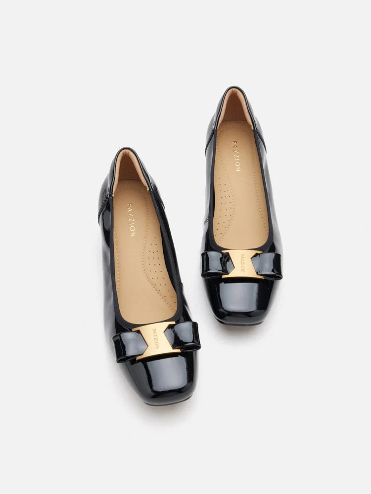 PAZZION, Jenn Metallic Bow Low Block Heels, Black