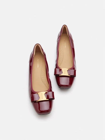 PAZZION, Jenn Metallic Bow Low Block Heels, Wine