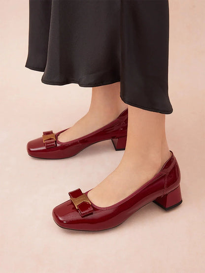 PAZZION, Jenn Metallic Bow Low Block Heels, Wine