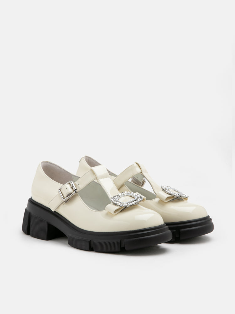 PAZZION, Jewels Embellished Patent Mary Jane Loafers, Beige