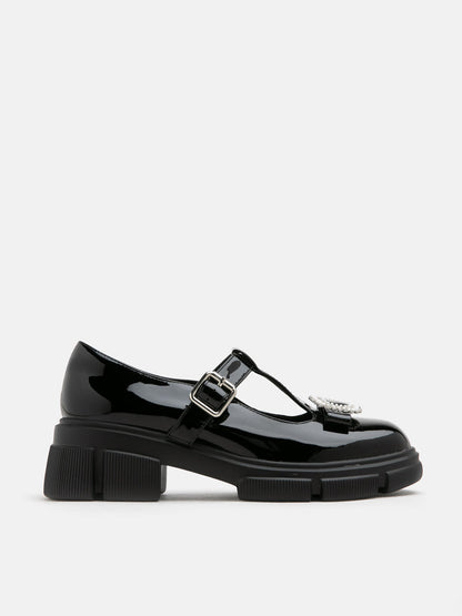 PAZZION, Jewels Embellished Patent Mary Jane Loafers, Black