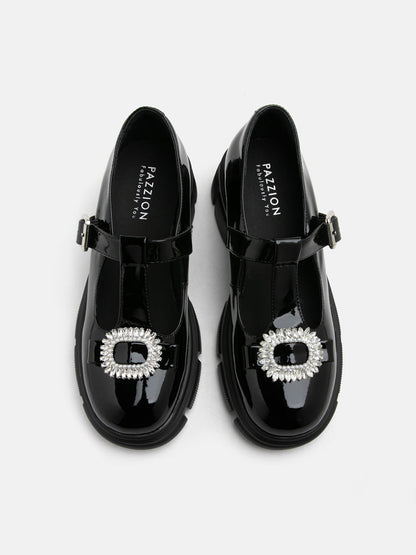 PAZZION, Jewels Embellished Patent Mary Jane Loafers, Black