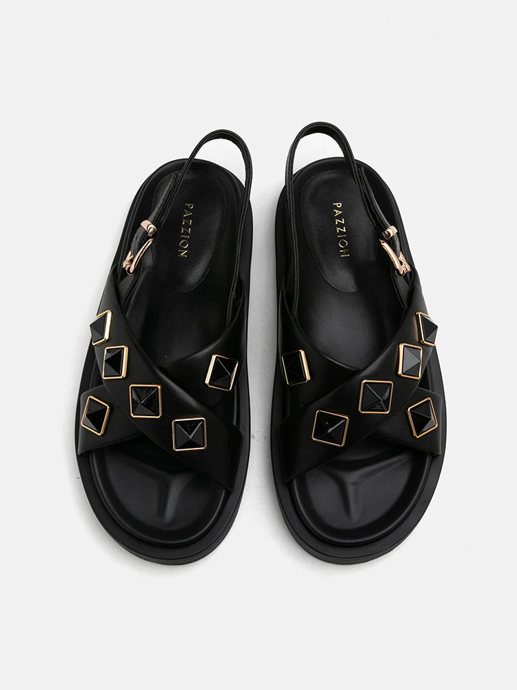 PAZZION, Jina Studded Criss-Cross Slingback Sandals, Black