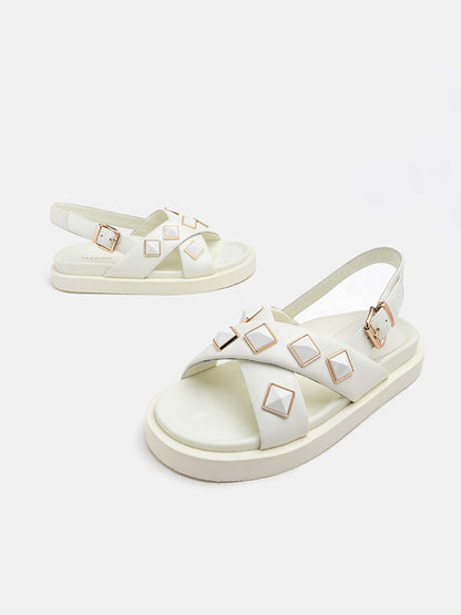 PAZZION, Jina Studded Criss-Cross Slingback Sandals, White