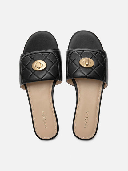 PAZZION, Jorialyn Quilted Leather Slides, Black