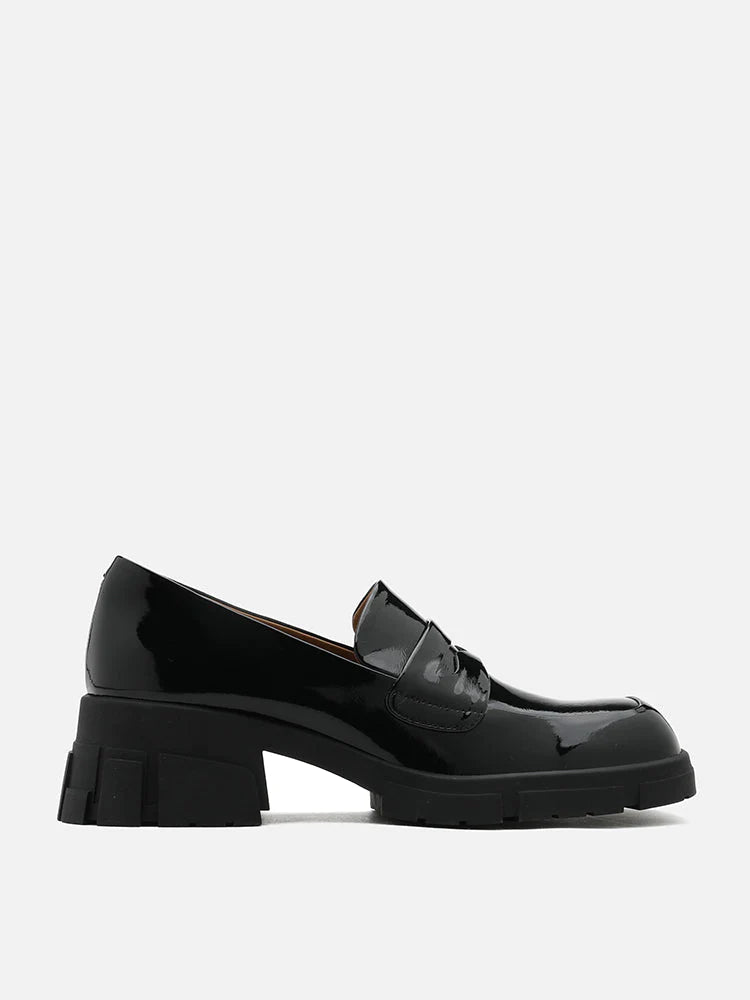 PAZZION, Josephine Patent Chunky Sole Loafer Heels, Black