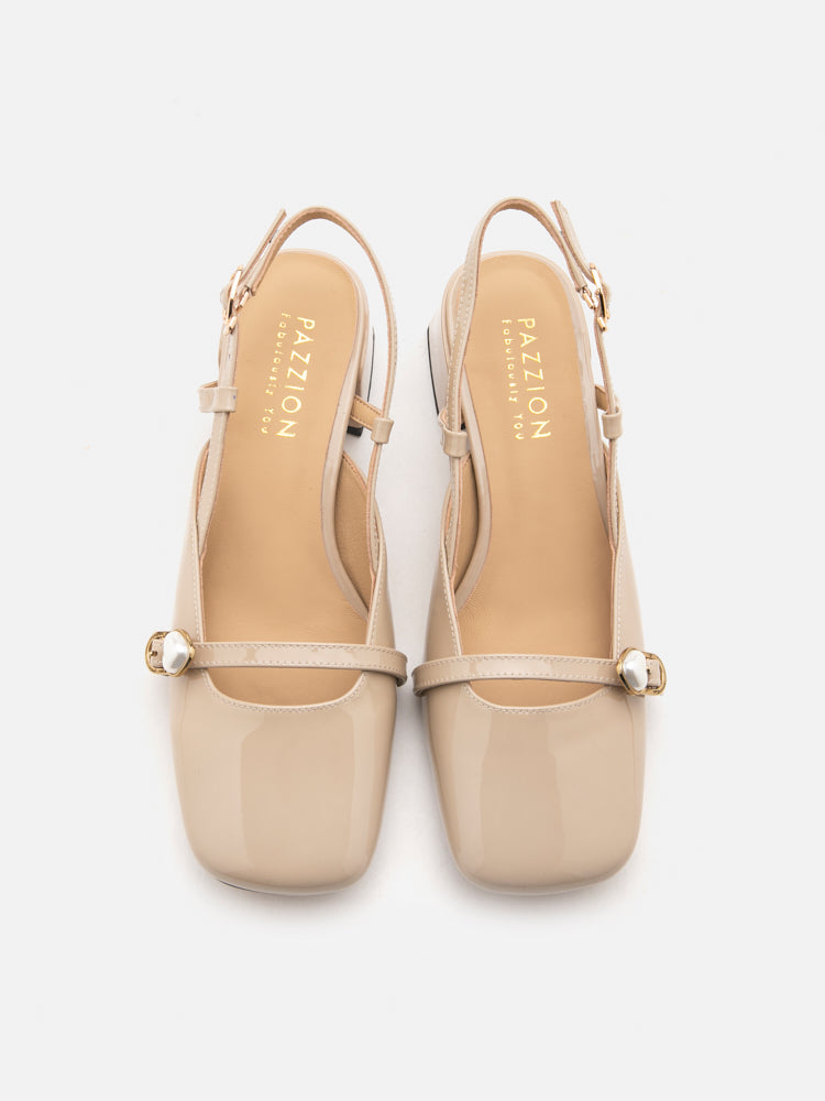 PAZZION, Joyce Pearl Patent Slingback Heels, Almond