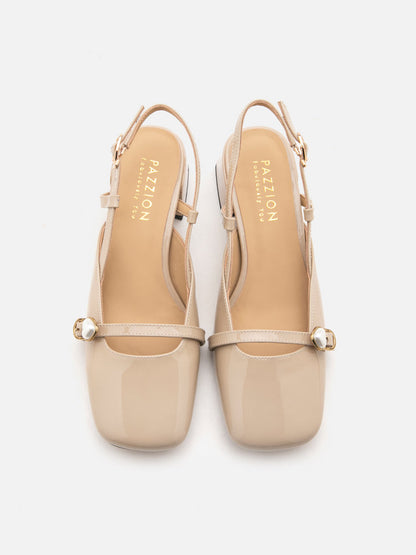 PAZZION, Joyce Pearl Patent Slingback Heels, Almond