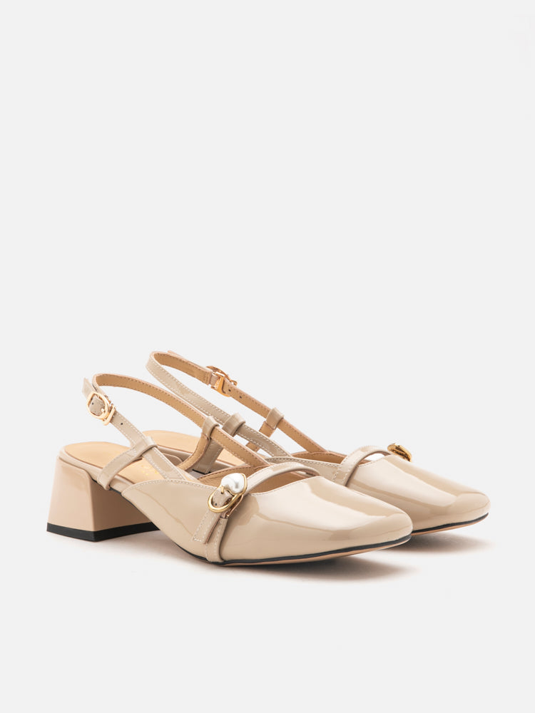 PAZZION, Joyce Pearl Patent Slingback Heels, Almond