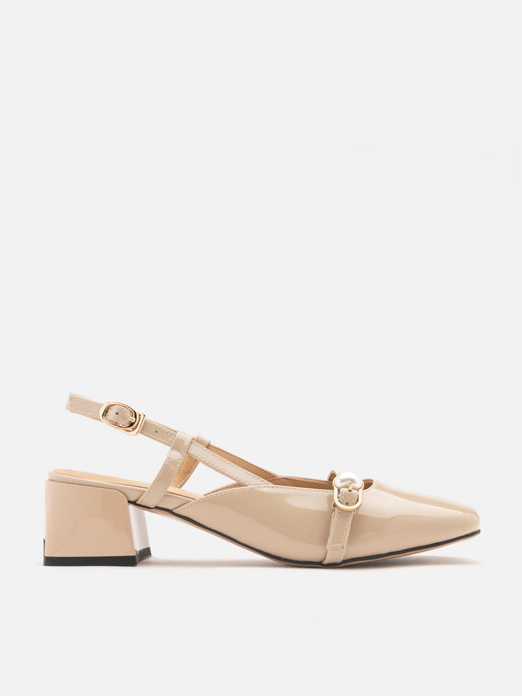 PAZZION, Joyce Pearl Patent Slingback Heels, Almond