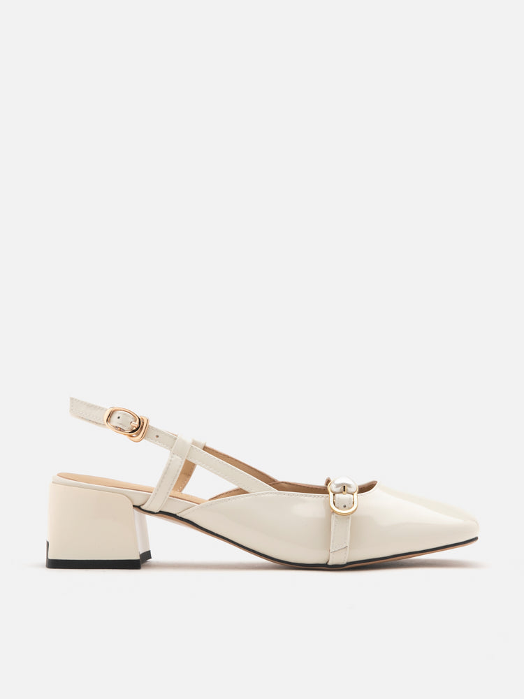 PAZZION, Joyce Pearl Patent Slingback Heels, Beige